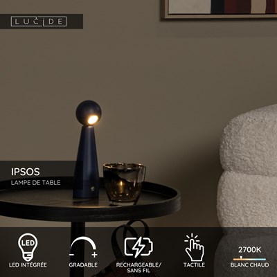 Lucide IPSOS - Lampe de table Rechargeable - Batterie/Piles - LED Dim. - 1x3W 2700K - Bleu